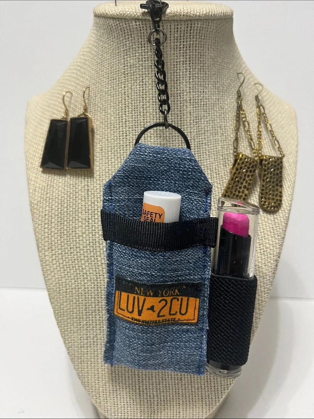 Gift Set Double Denim Lipstick Lip Balm Holder Keychain New York 2 pr Earrings